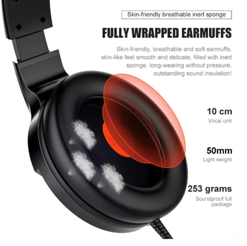 Black wired gaming headset with microphone and cable line control, showing 3.5mm plug.
