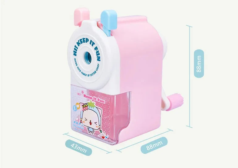 Cartoon pet geometric pencil sharpener in blue green pink purple colours 88mm high