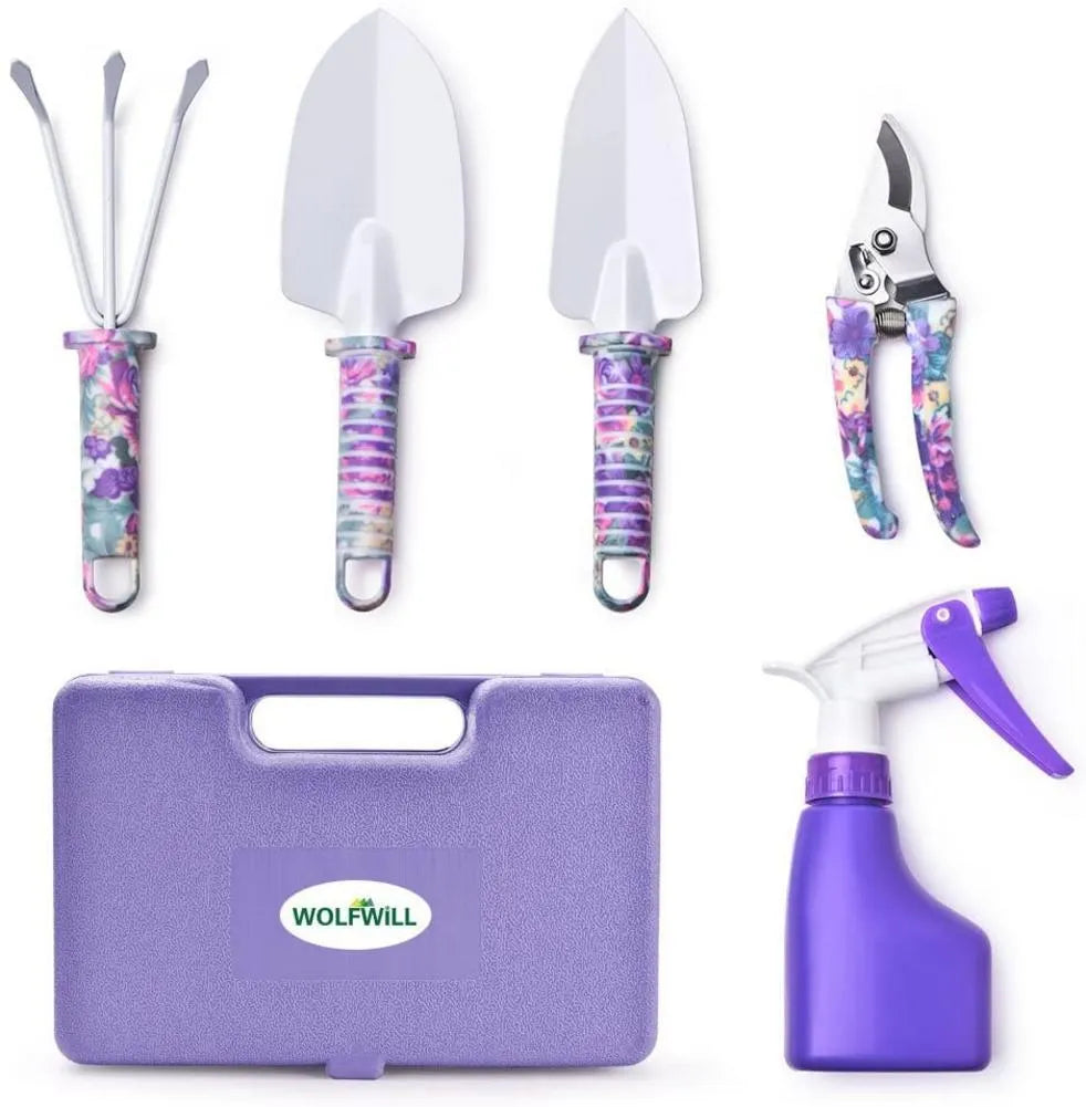 Ten-piece purple gardening tool set with sandblasted anti-rust coating and plastic handles in a box