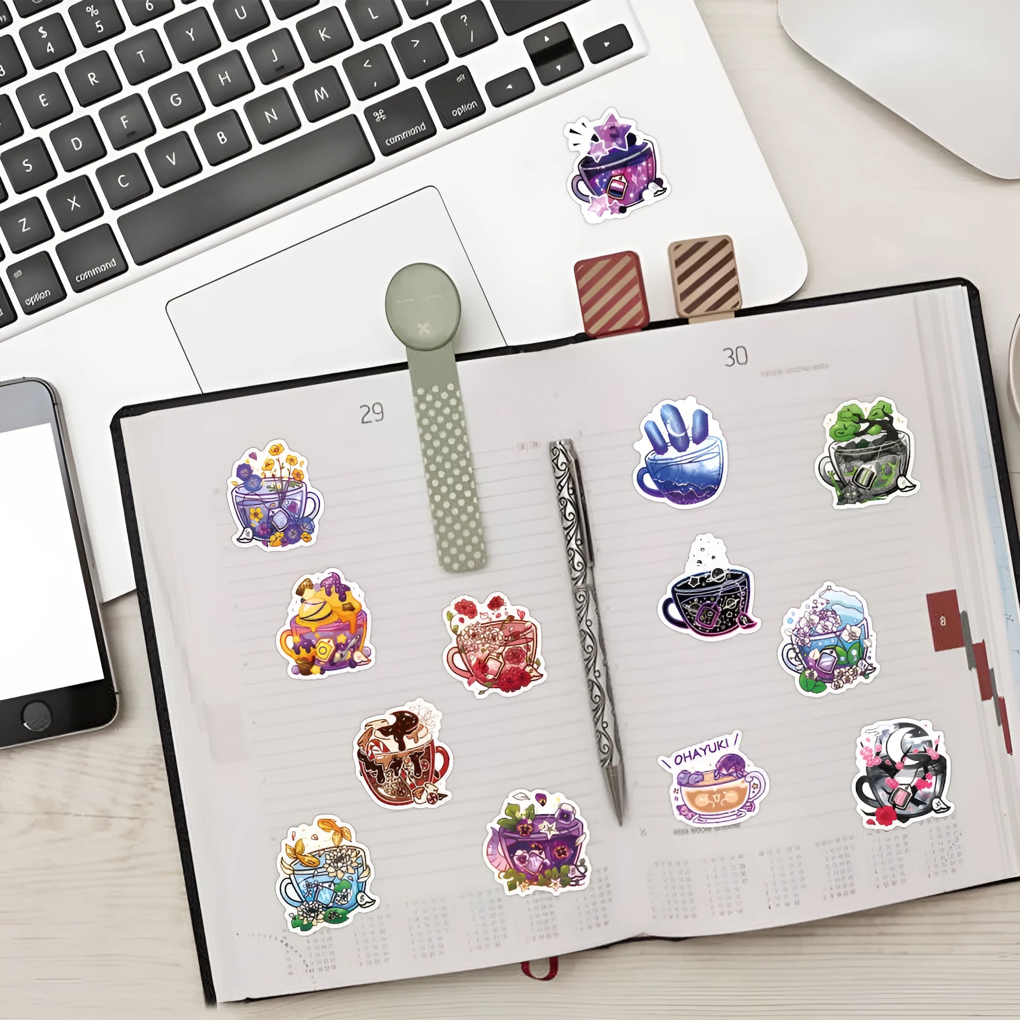 Pack of 50 colourful tea cup graffiti design vinyl stickers for scooter and luggage decoration