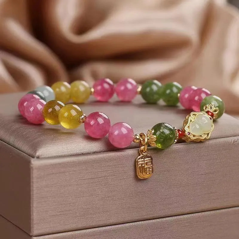 Colourful tourmaline gourd blessing card bracelet for women with electroplated finish.