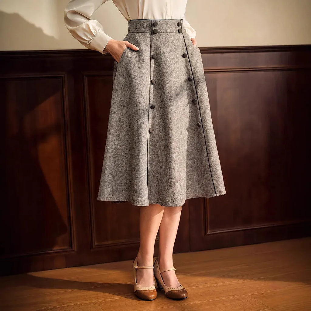 Khaki high-waisted A-line skirt with three-dimensional decoration, mid-length, polyester fabric, women's commute wear