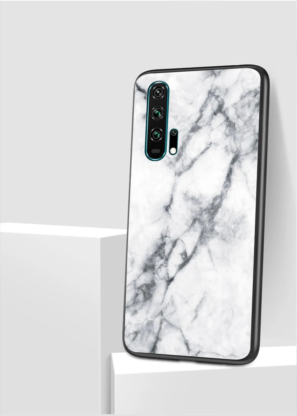 Honor 20 Pro in a black marble glass phone case with a silicone border.