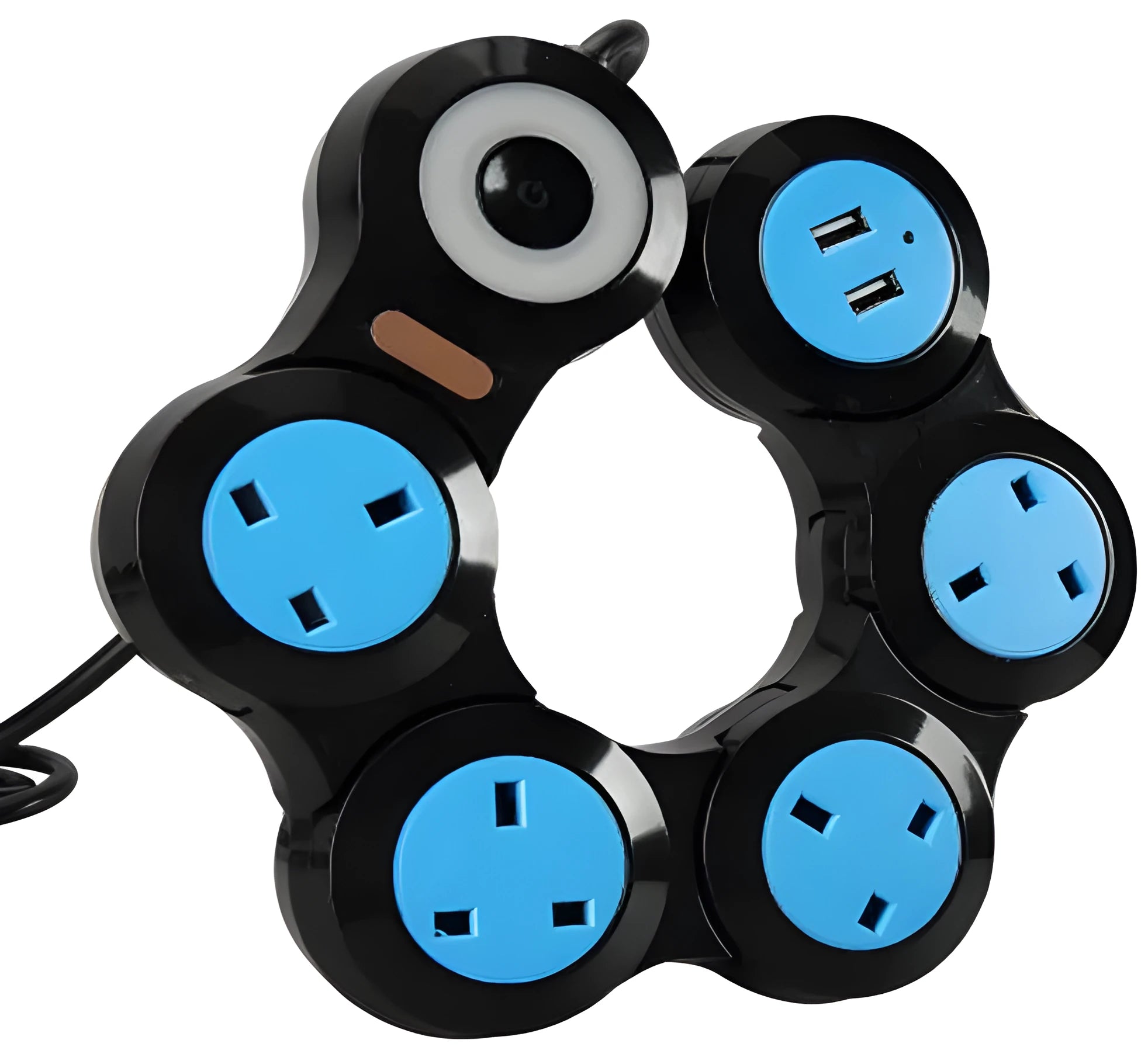 UK standard white and black power strip with five outlets, two USB ports, rotating tow board, and 4m cable