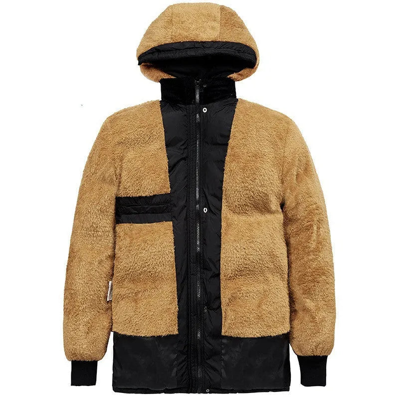 Men's black velvet padded jacket with hood and double-breasted button front, shown on a model.
