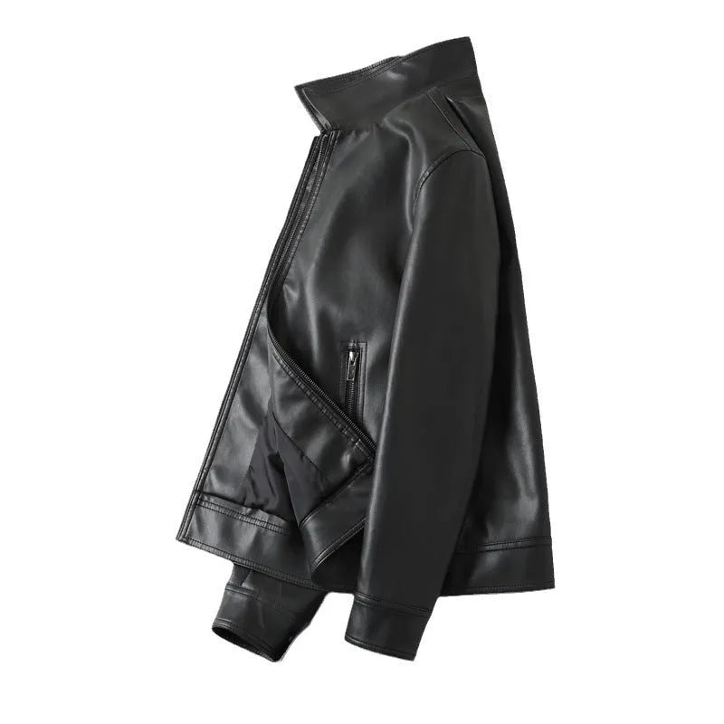 Men's black PU leather jacket with zipper pockets, shown in a loose fit casual style.