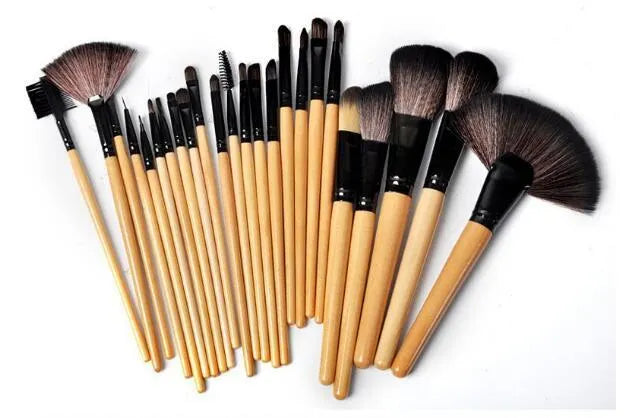 24-piece professional makeup brush set with wooden handles in a PU gift bag case
