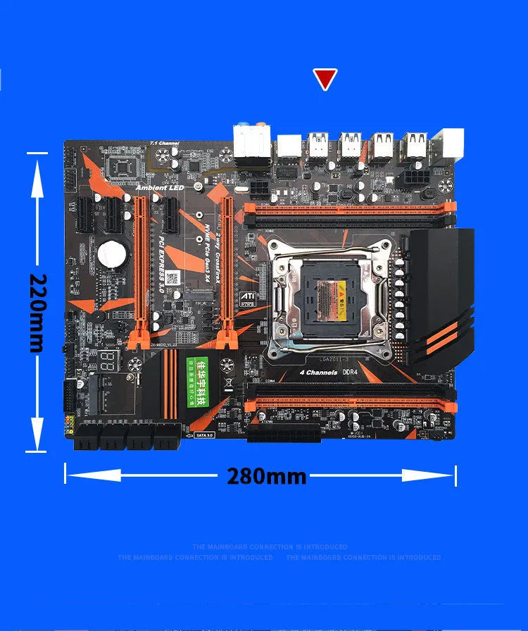 X99 computer motherboard with LGA2011-3 socket, four DDR4 memory slots, and dual PCI-E x16 slots