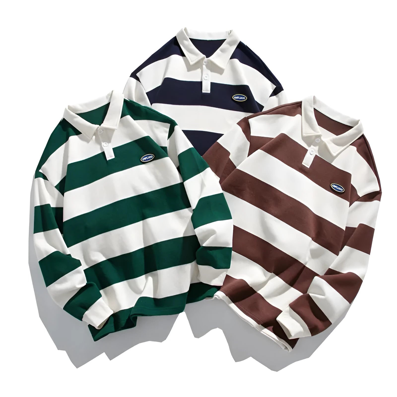 A man wearing a loose-fit, striped pearl cotton polo shirt with a lapel collar and long sleeves.
