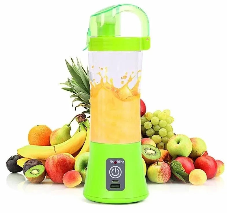 Blue portable handheld USB rechargeable blender with a 400ml clear cup on a table.
