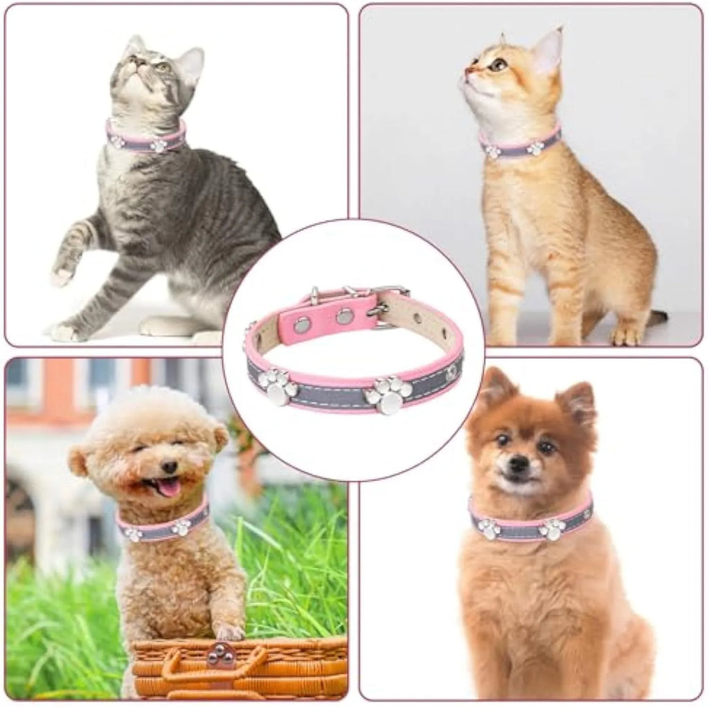 Reflective PU leather dog collar with paw rivet decoration and metal buckle