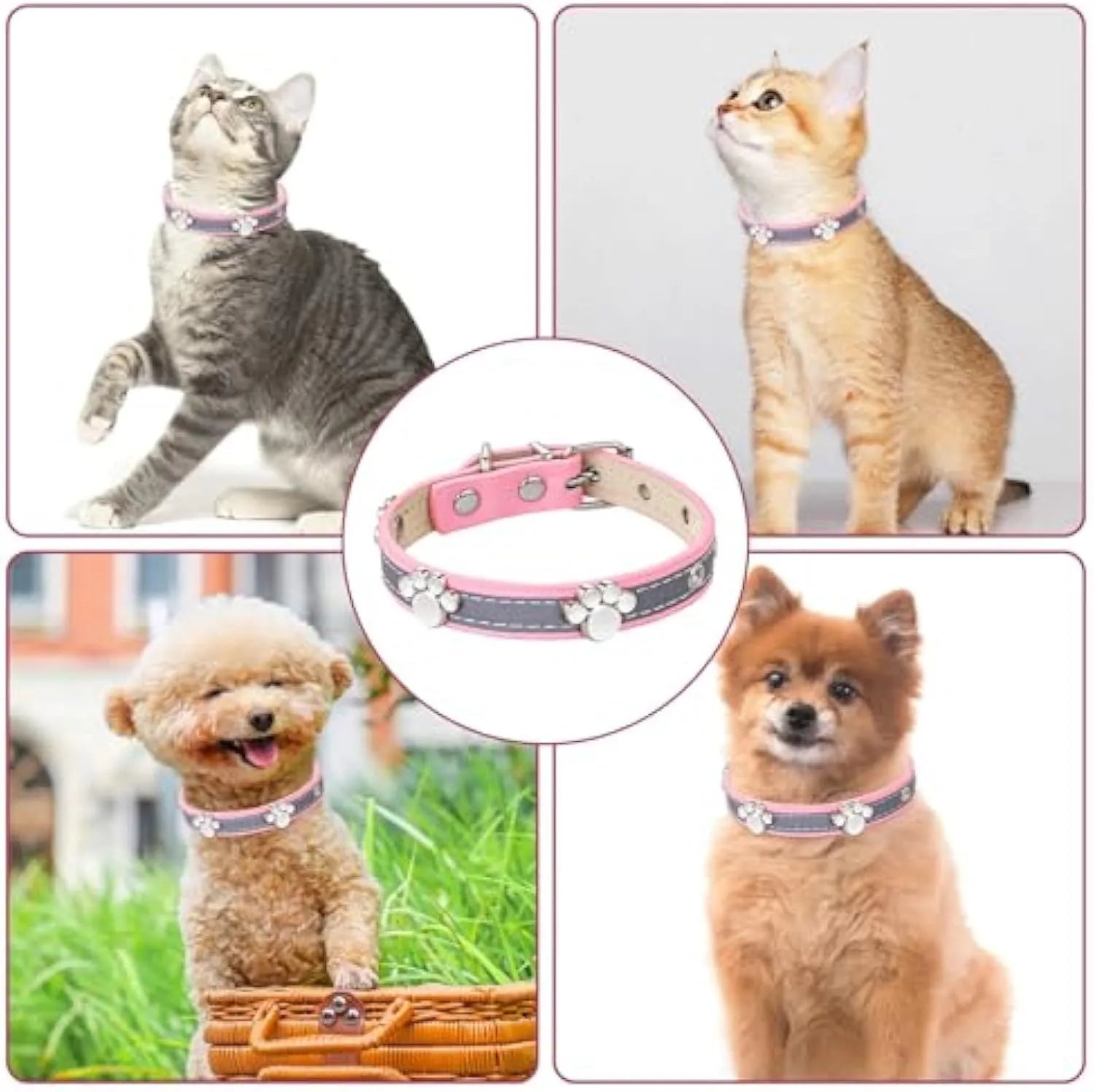 Reflective PU leather dog collar with paw rivet decoration and metal buckle