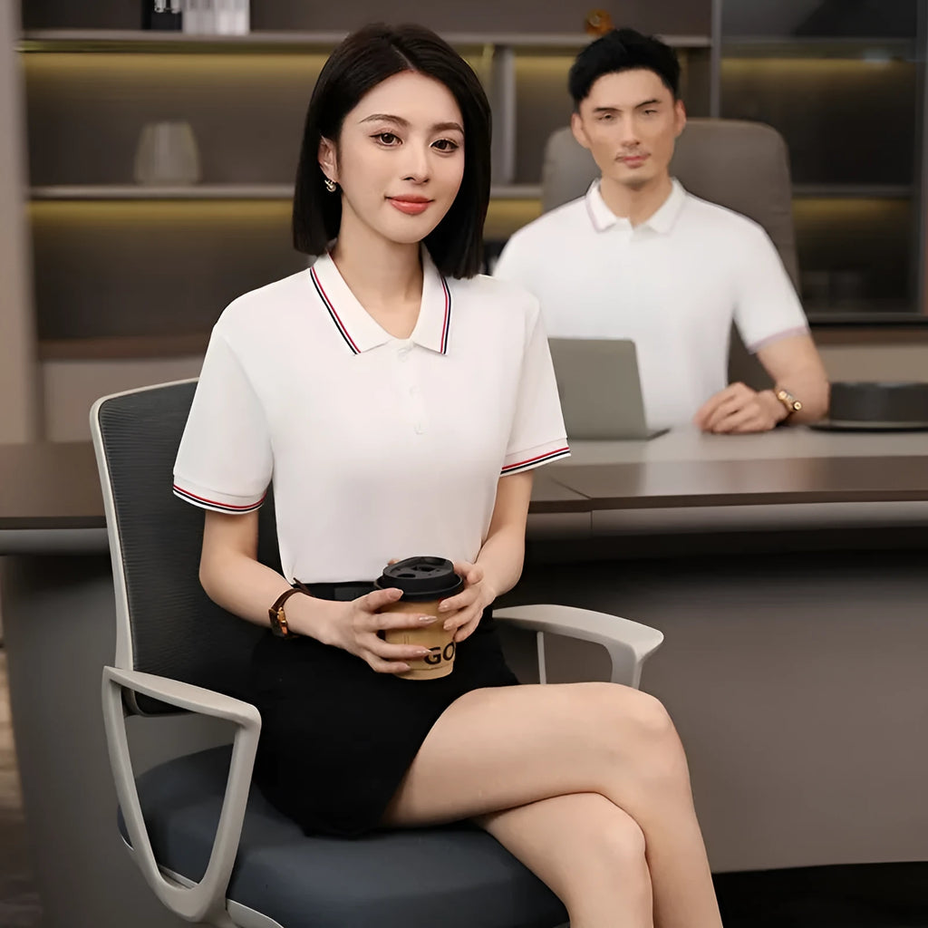Short sleeve lapel polo shirt in thin recycled fibre polyester, regular fit solid colour summer work top