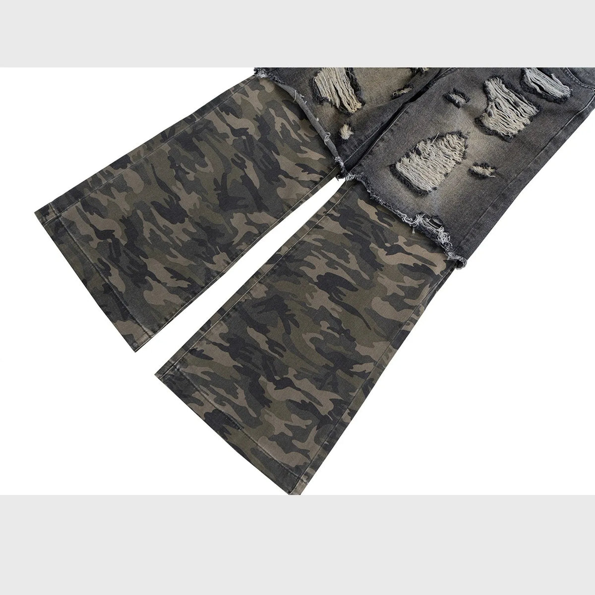 Men's black and gray camouflage stitching wide leg ripped jeans, cotton denim, mid waist.
