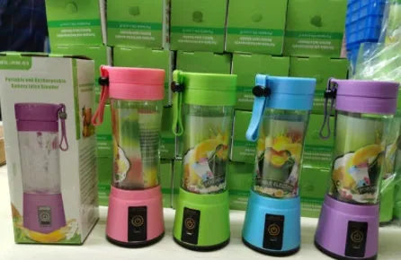 Portable USB rechargeable blender with six blades in blue colour showing 380ml measurement markings
