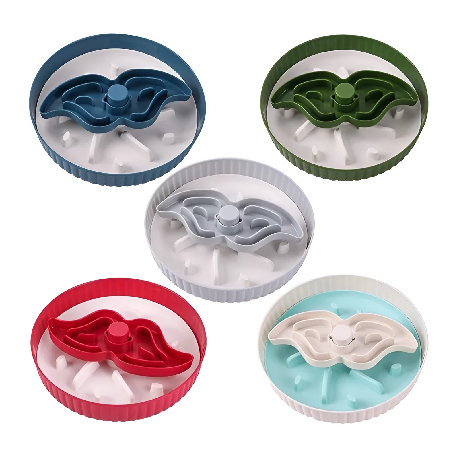 Grey rotating pet bowl with a windmill-pattern silicone licking mat insert for slow feeding.
