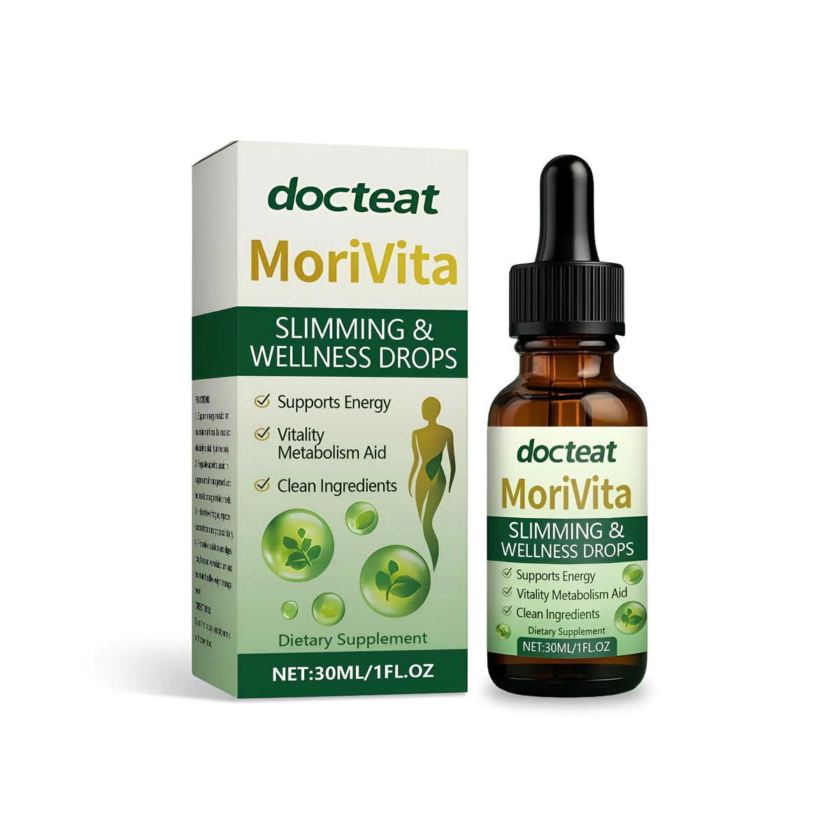 30ml Moringa Slimming Drops bottle with moringa leaf extract, stevia, citrus essential oil, and peppermint oil