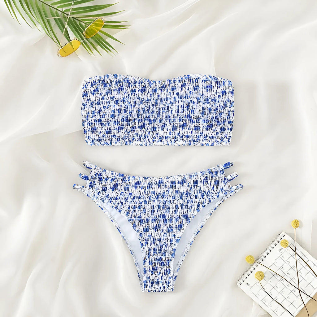 Women's strapless floral swimsuit with high-waisted briefs in multiple colour patterns