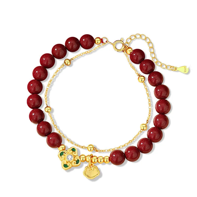 Sterling silver bracelet with Ruyi Xiangyun cinnabar flower design for women