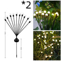 Solar-powered LED garden stake light with multiple heads on a stainless steel spike, showing warm white and coloured light modes.