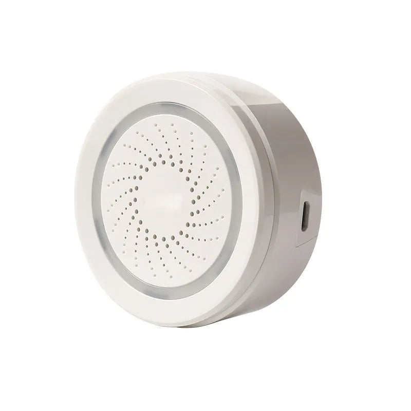 Wireless smart sound and light alarm with WiFi for home security, featuring anti-dismantling design and APP control