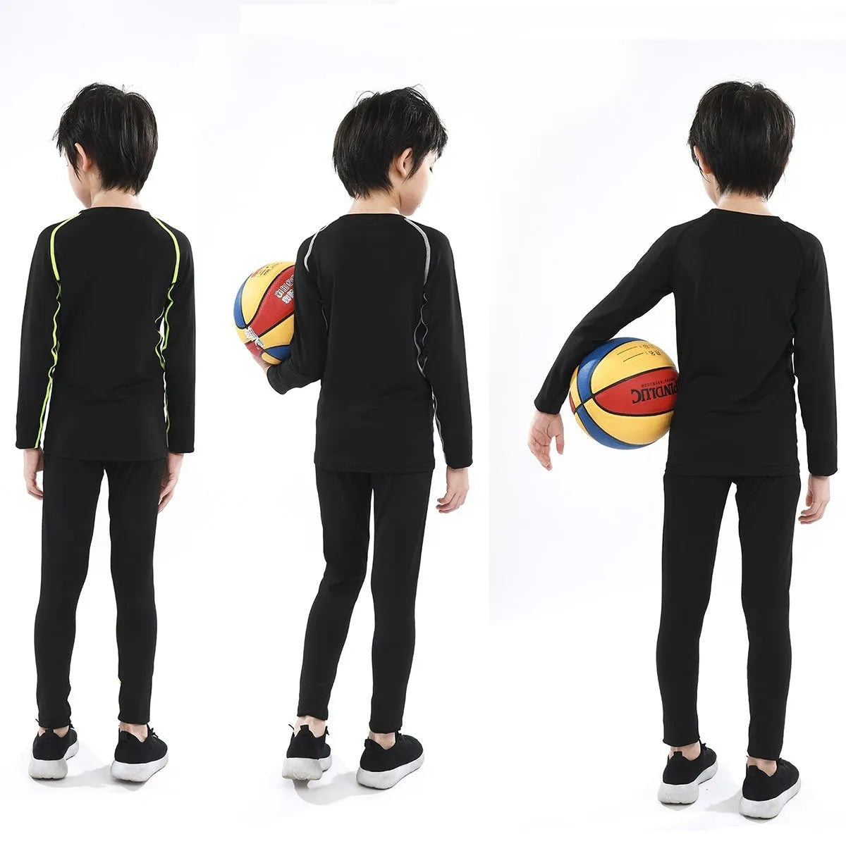 Fitness tights set adults children thin fleece-lined cotton blend solid colour top trousers black green grey orange