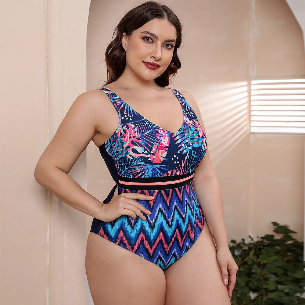 Women's striped printed one-piece swimsuit with spaghetti straps in blue, white, or green colour options