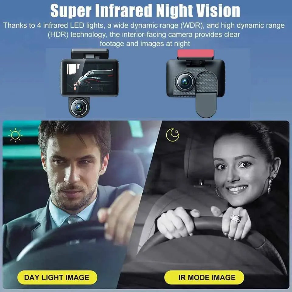 Black 4-inch touchscreen car dash camera mounted on a car windscreen.