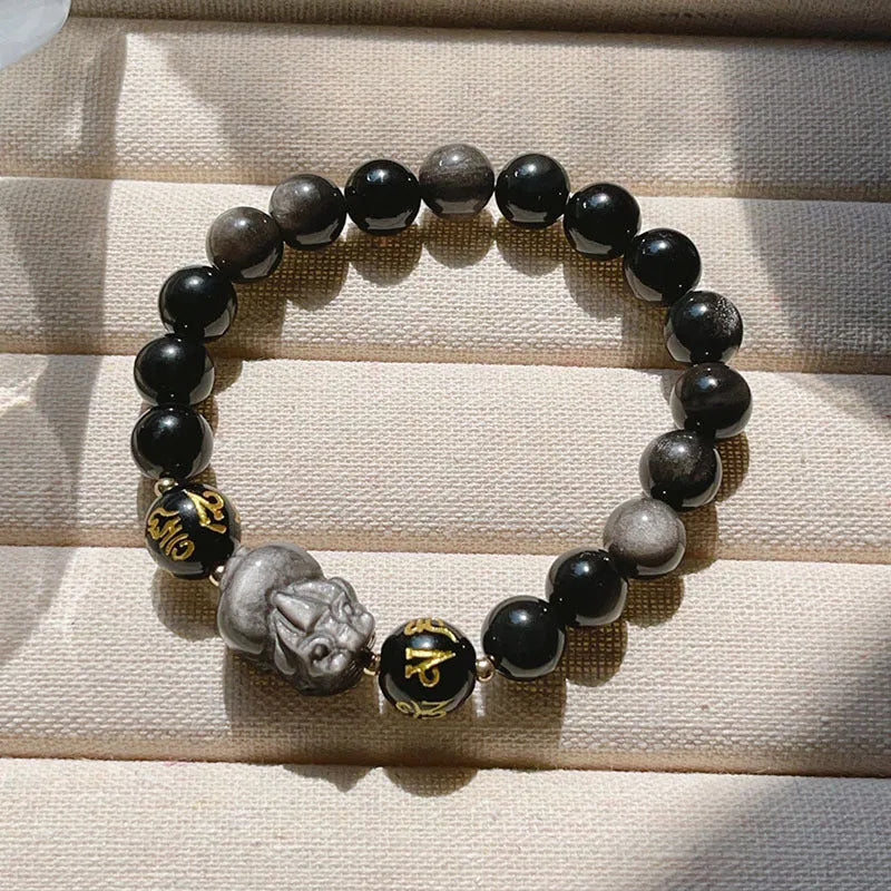 Silver Stone men's bracelet with Chinese zodiac symbols and beaded design in natural silver colour