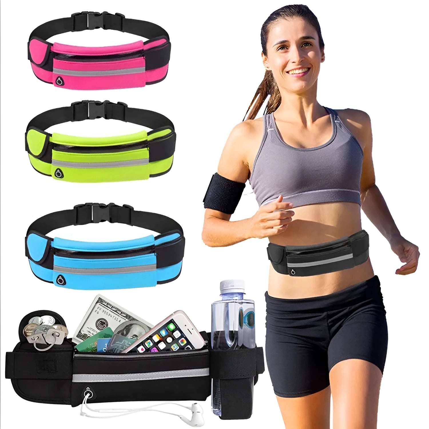 Nylon fitness waist bag in solid colour with zip pocket, size 20x10cm, on waist belt for running