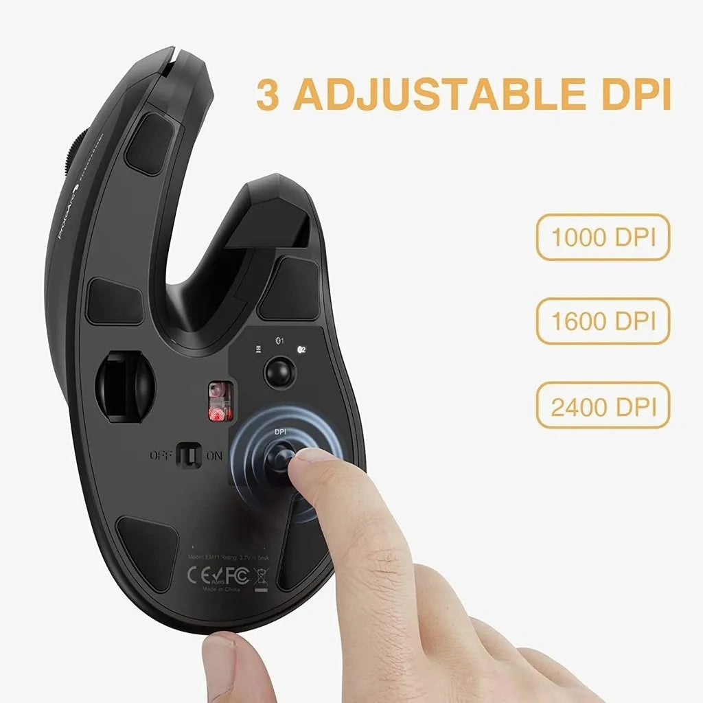 Black vertical Bluetooth mouse with RGB lighting, USB receiver, and charging cable on desk