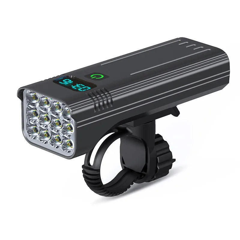Black KX12DF digital display bicycle headlight with USB port and rotating mount.