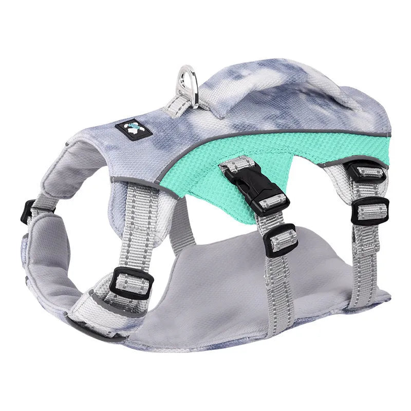 Reflective pet cooling chest strap in polyester material with adjustable design