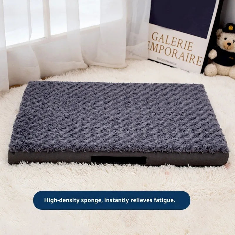 Dark gray embossed velvet pet mat on floor, with size and weight information