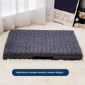 Dark gray embossed velvet pet mat on floor, with size and weight information