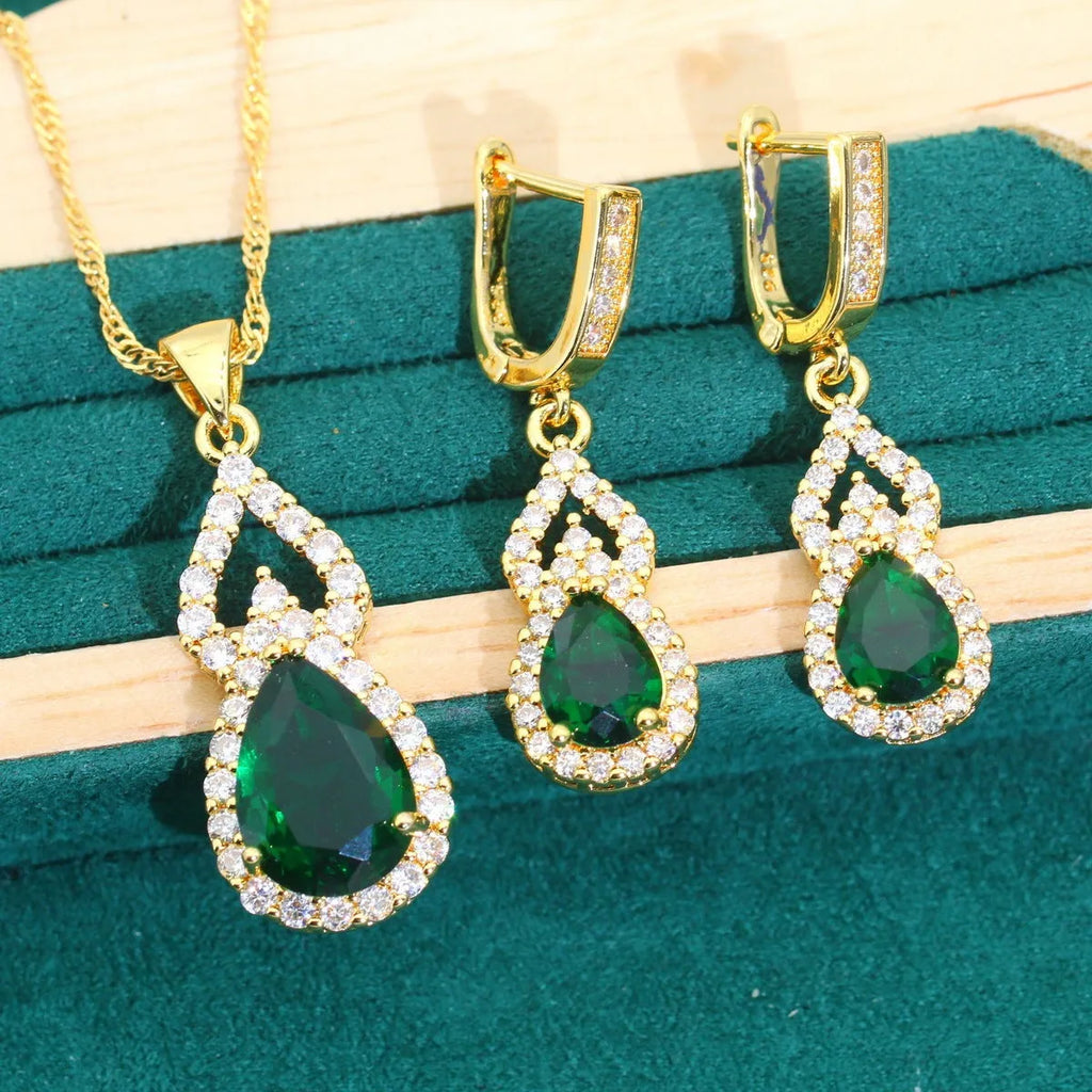 Retro bridal jewellery set copper inlaid zircon cross crown motifs earrings ring necklace bracelet green red