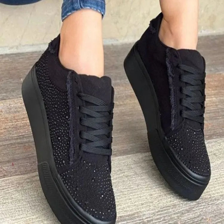 Plus size women's casual shoes with rhinestones, thick rubber soles, and front lace-up design in four colours