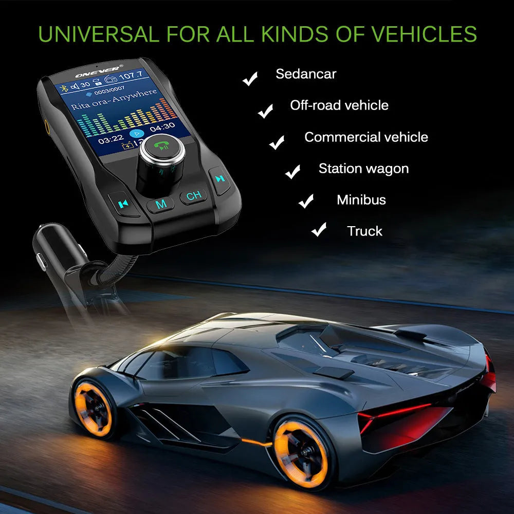 Black car Bluetooth FM transmitter with colour screen and dual USB ports plugged into a vehicle power socket.
