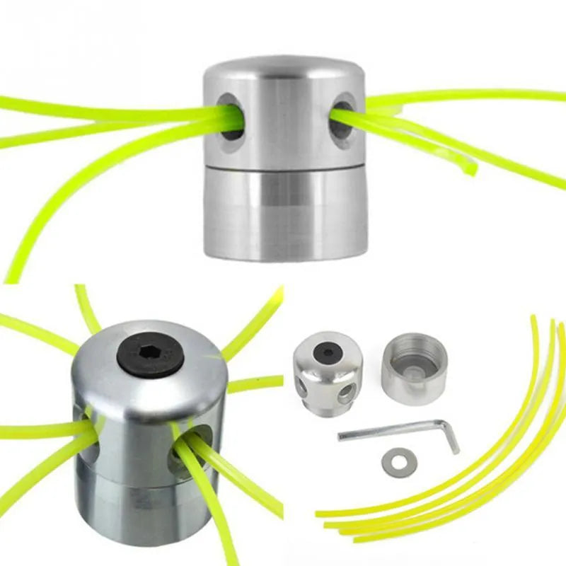 Silver aluminium lawn mower grass replacement head with four light yellow square cords, a wrench, and a gasket.