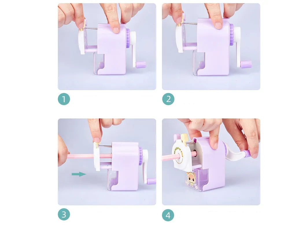 Cartoon pet geometric pencil sharpener in blue green pink purple colours 88mm high
