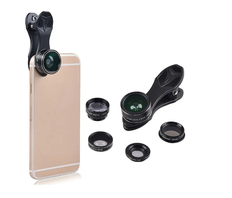 Universal 5-in-1 smartphone lens kit with fisheye, wide-angle, macro, telephoto and CPL lenses