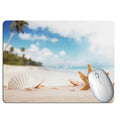 Summer beach holiday themed rubber mouse pad with wishing bottle graphic, shown in a choice of colours and two sizes.