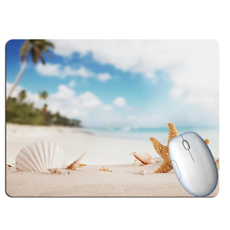 Summer beach holiday themed rubber mouse pad with wishing bottle graphic, shown in a choice of colours and two sizes.