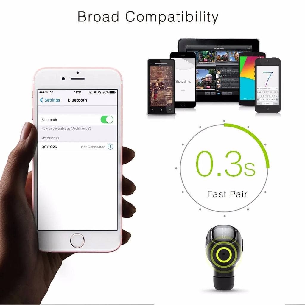 QCY Q26 Bluetooth headset in black, single-ear in-ear design with USB charging cable