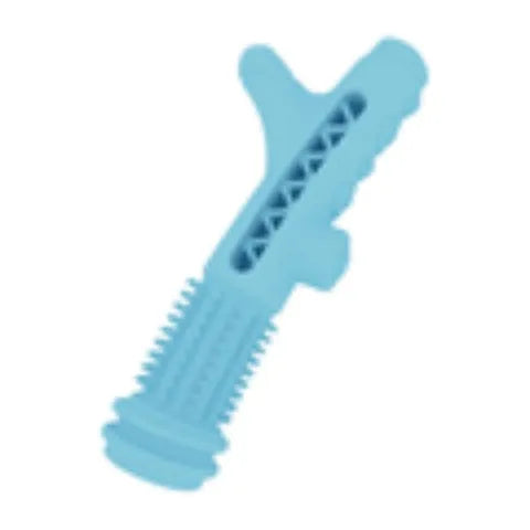 Blue TPR tree branch dental chew toy for small dogs on white background