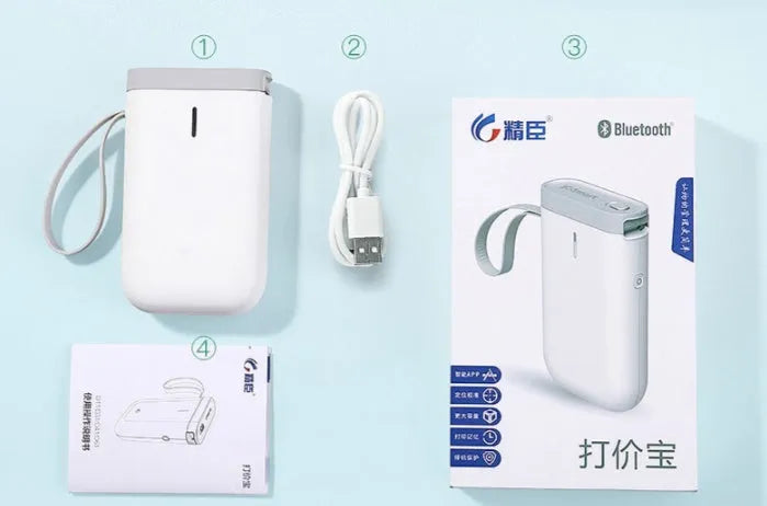 Mini portable Bluetooth label printer with direct thermal printing, 203dpi, 1200mAh battery, 208g weight