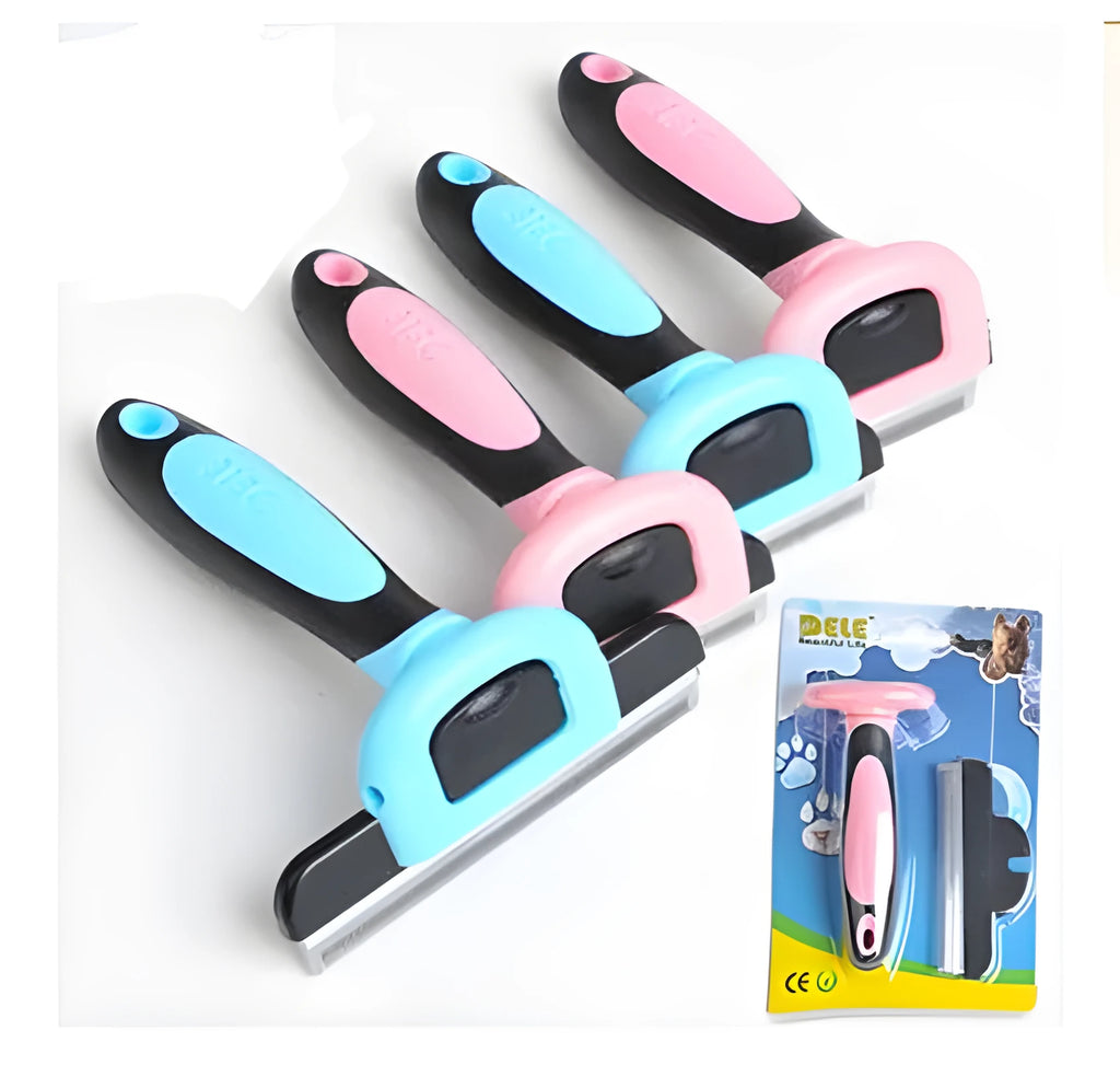 Pet hair removal comb for long straight hair, available in blue or pink, sizes S M L.