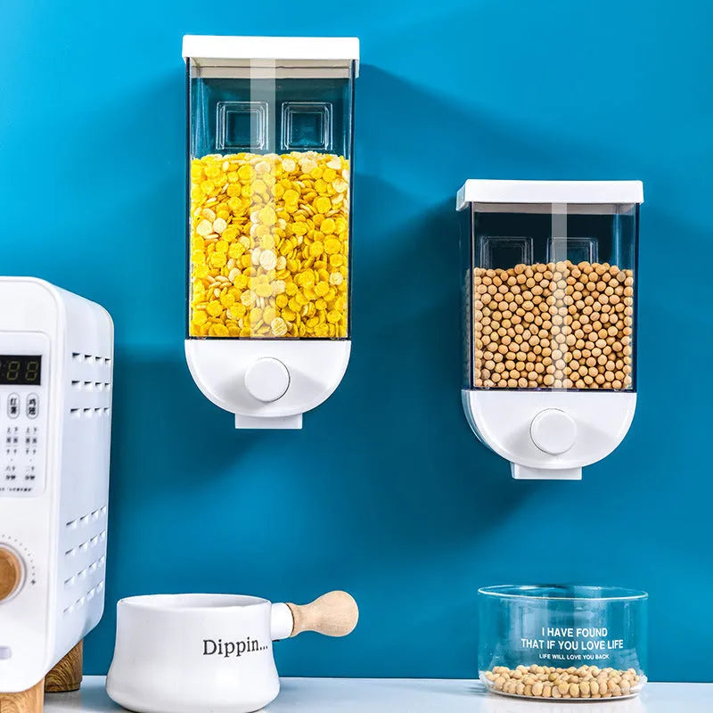White transparent wall-mounted kitchen cereal dispenser storage box with easy-press lid