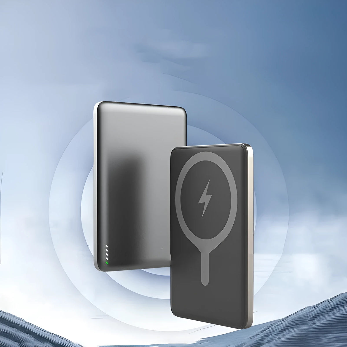 Ultra-thin magnetic wireless power bank with alloy shell, tarnish finish, 8mm thick, on a desk