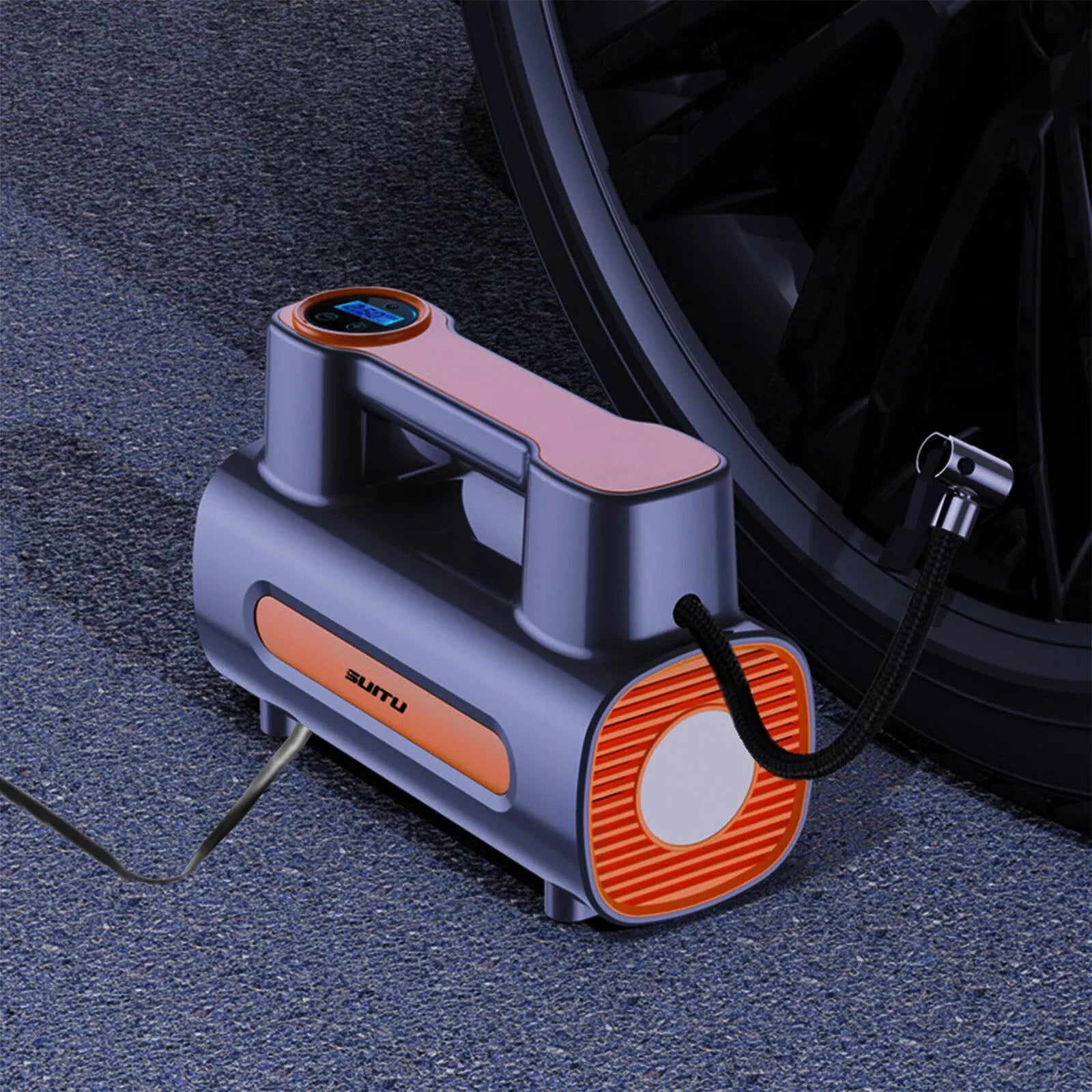 Portable cordless car tyre inflator with digital display showing pressure reading on ABS plastic housing
